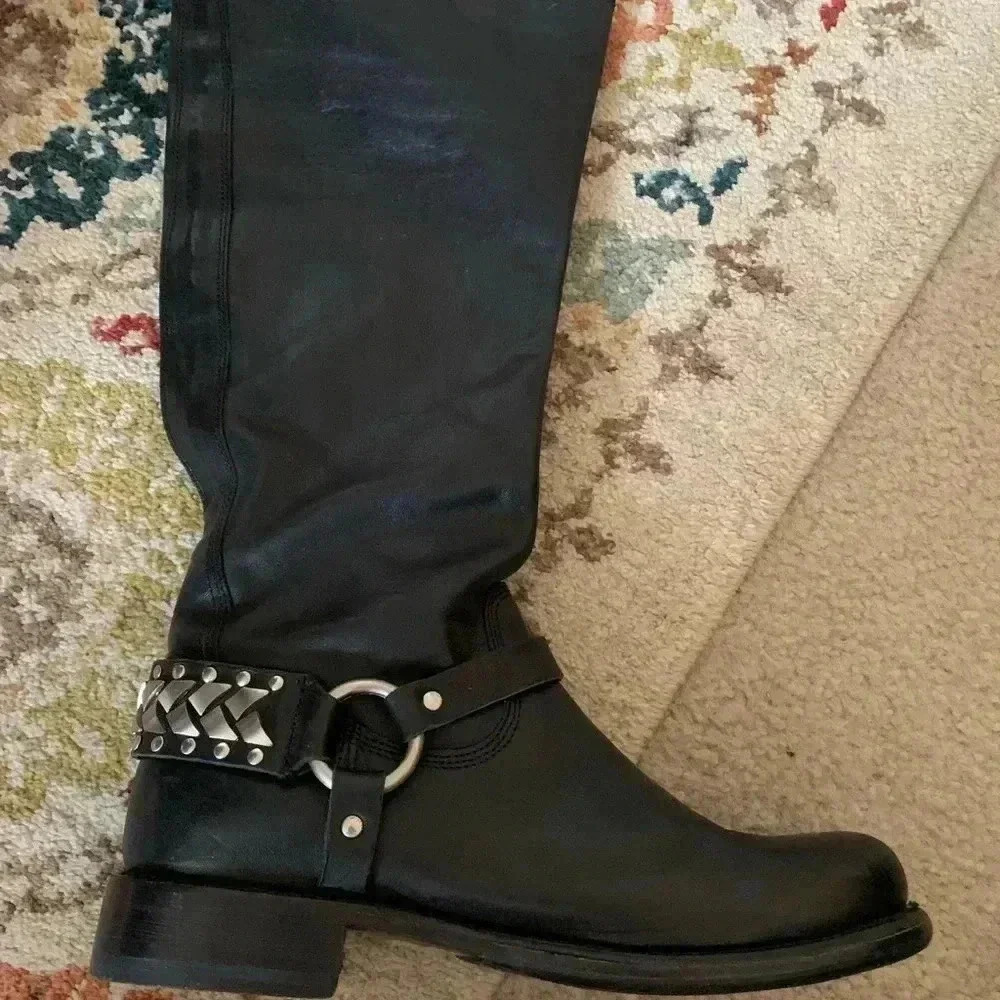 Knee High Black Frye Boots with Silver Adornments - Picture 2 of 14